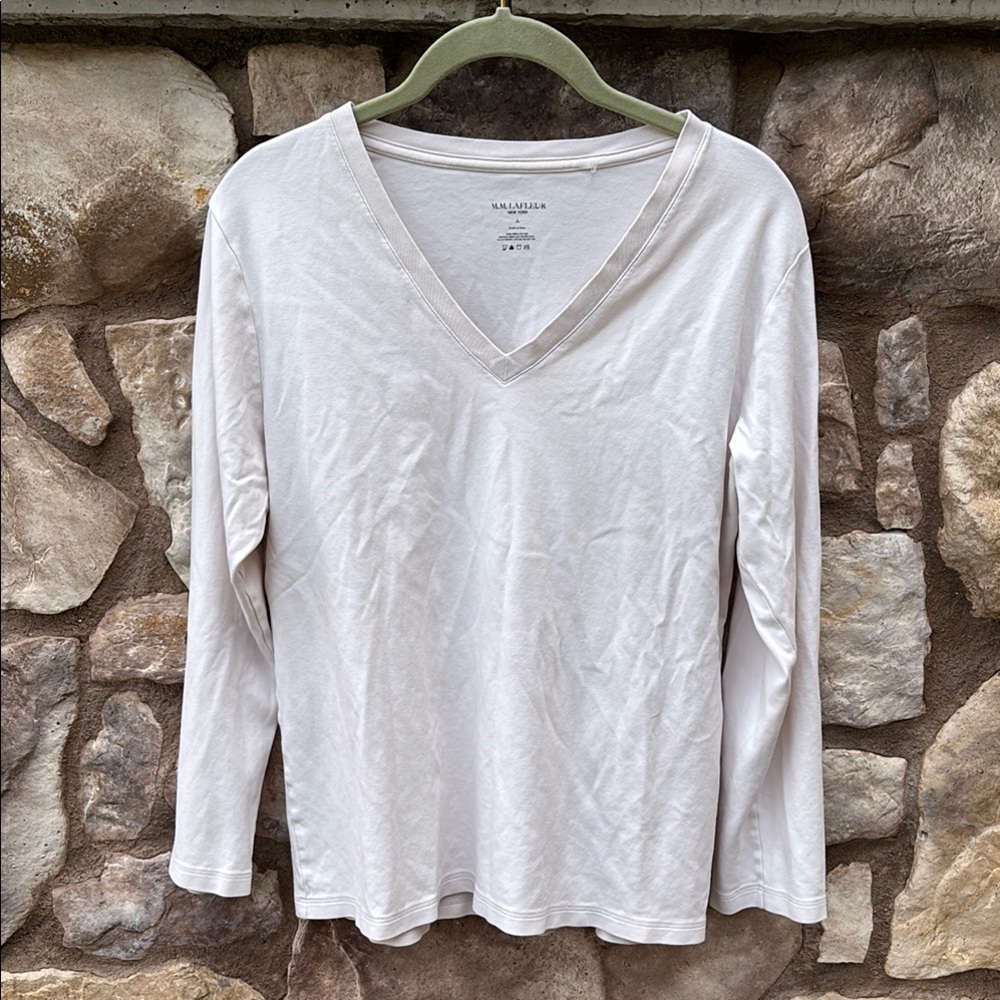 M.M. Lafleur Long Sleeve Shirt Large 100% Pima Cotton Ivory Knit Top V-Neck